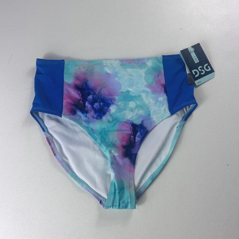 DSG Girls XL 16 High Waist Swim Bottom Inky Overdye Cool Blue Floral DSG8127 NWT